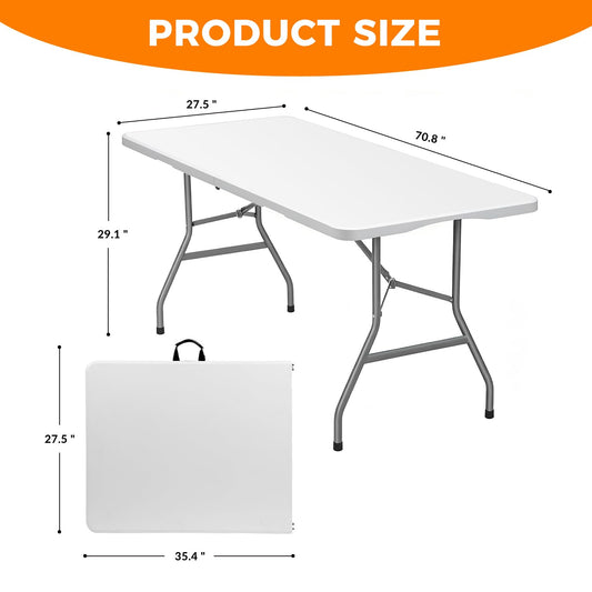 Lakhow 6FT Folding Table, Fold in Half Heavy Duty Rectangular Plastic Utility Table with Steel Legs & Carry Handle, White | HDPE Top for Indoor Outdoor Parties,Camping,Picnic,Wedding,Dining,Banquet