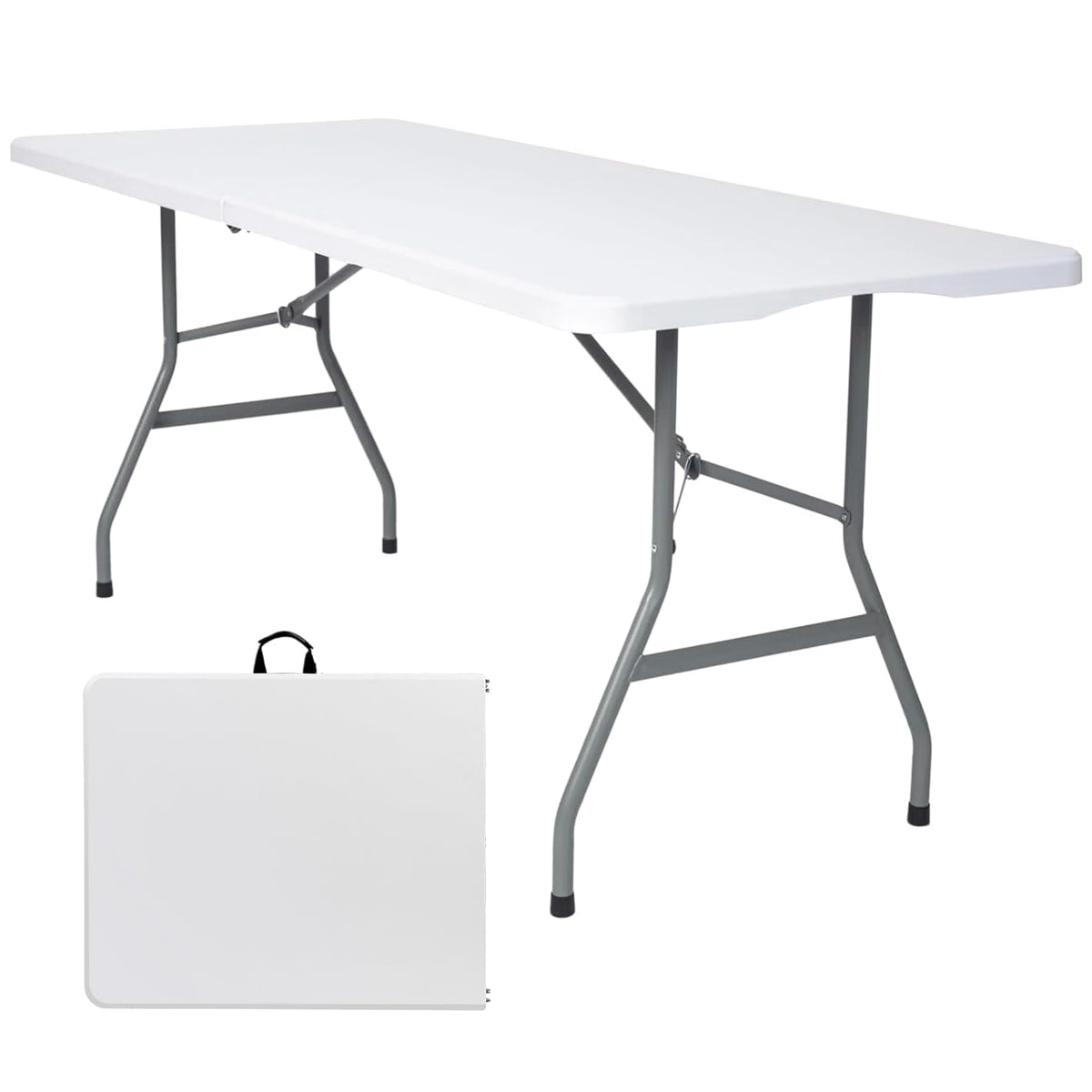 Lakhow 6FT Folding Table, Fold in Half Heavy Duty Rectangular Plastic Utility Table with Steel Legs & Carry Handle, White | HDPE Top for Indoor Outdoor Parties,Camping,Picnic,Wedding,Dining,Banquet
