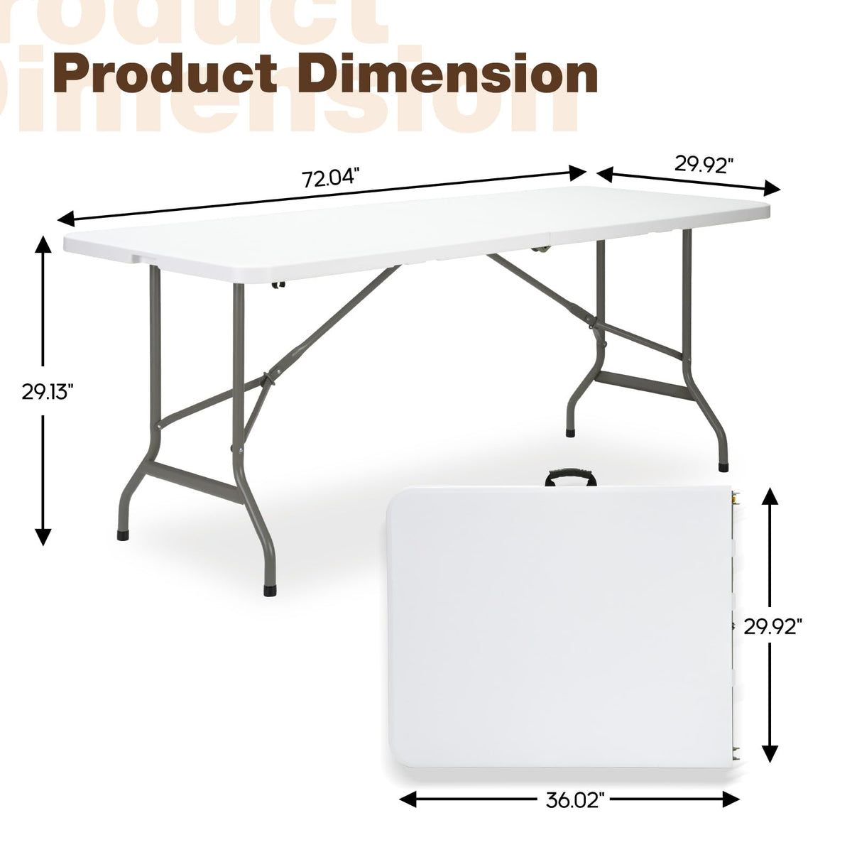 GlowitLian Folding Table 6ft, Heavy-Duty 500lbs Weight Capacity Foldable Table with HDPE Top & Steel Legs, Portable 6 Foot Picnic Table for Indoor Outdoor Parties, Camping, Event (White, 6 FT)