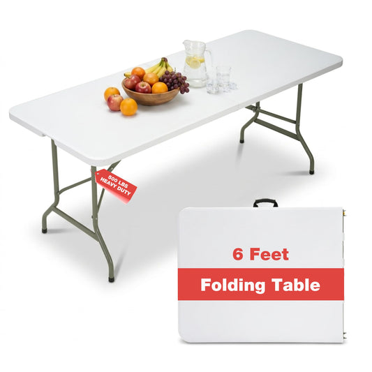 GlowitLian Folding Table 6ft, Heavy-Duty 500lbs Weight Capacity Foldable Table with HDPE Top & Steel Legs, Portable 6 Foot Picnic Table for Indoor Outdoor Parties, Camping, Event (White, 6 FT)