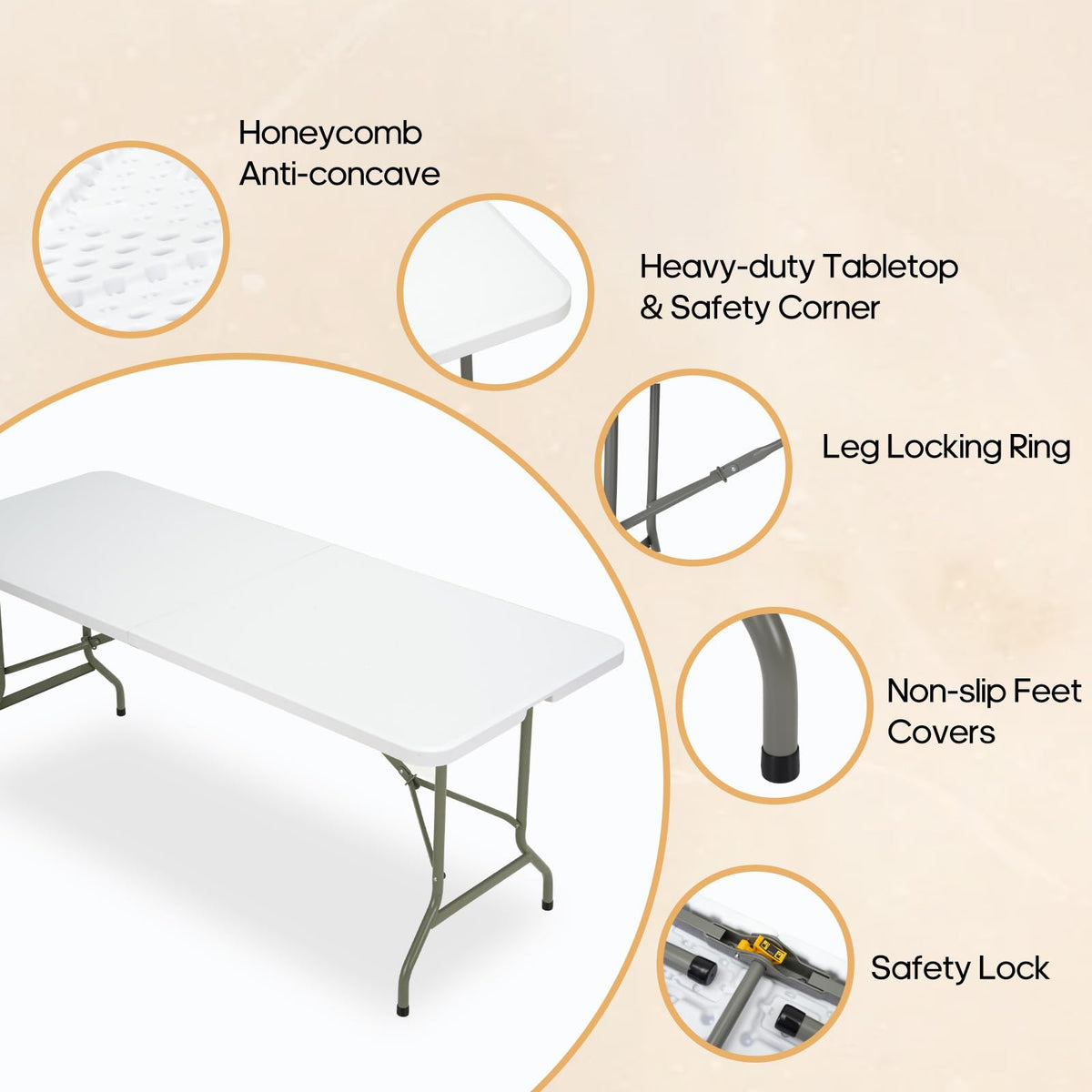 GlowitLian Folding Table 6ft, Heavy-Duty 500lbs Weight Capacity Foldable Table with HDPE Top & Steel Legs, Portable 6 Foot Picnic Table for Indoor Outdoor Parties, Camping, Event (White, 6 FT)