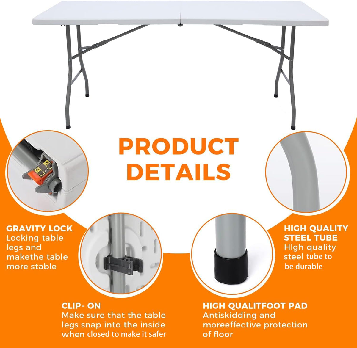 Lakhow 6FT Folding Table, Fold in Half Heavy Duty Rectangular Plastic Utility Table with Steel Legs & Carry Handle, White | HDPE Top for Indoor Outdoor Parties,Camping,Picnic,Wedding,Dining,Banquet
