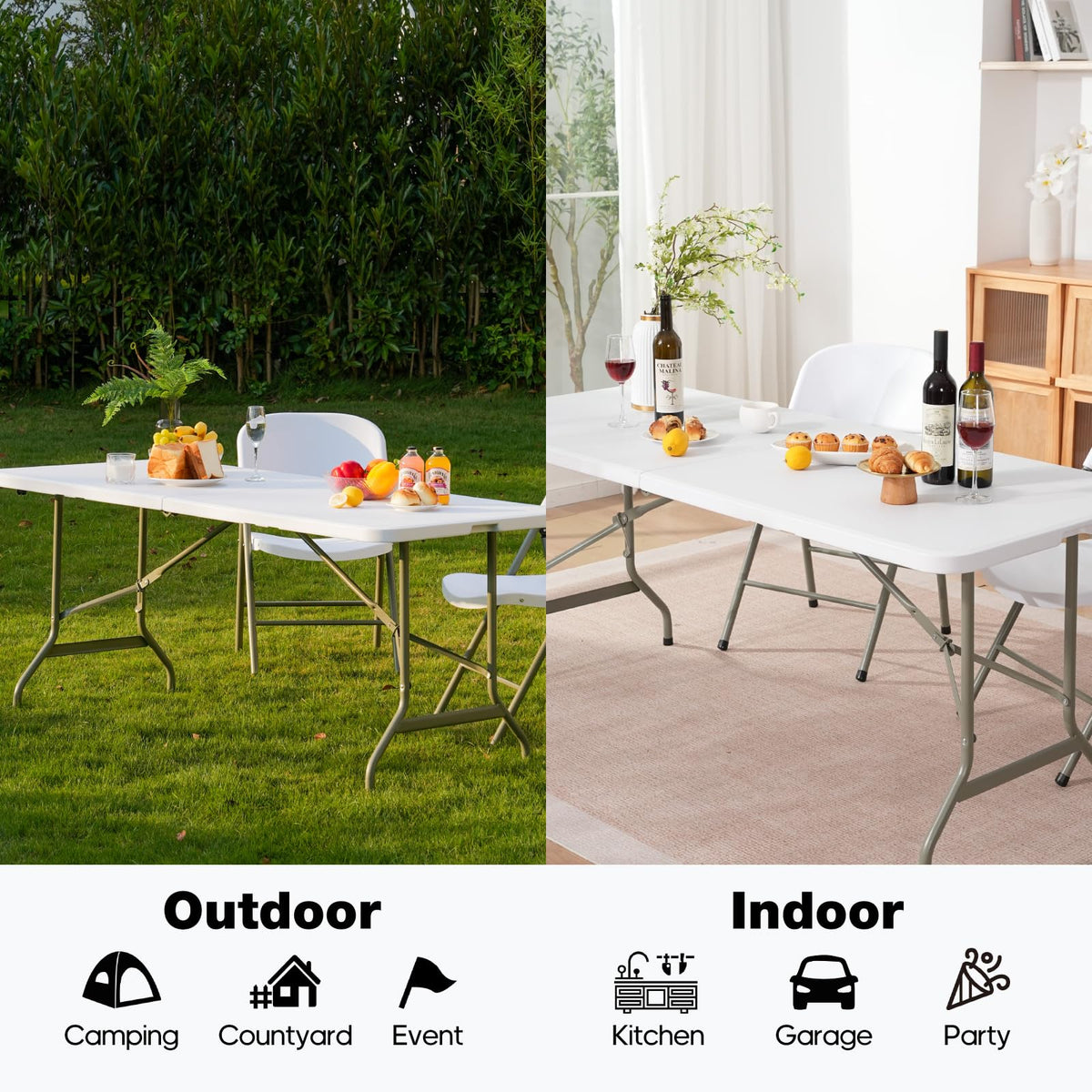 GlowitLian Folding Table 6ft, Heavy-Duty 500lbs Weight Capacity Foldable Table with HDPE Top & Steel Legs, Portable 6 Foot Picnic Table for Indoor Outdoor Parties, Camping, Event (White, 6 FT)