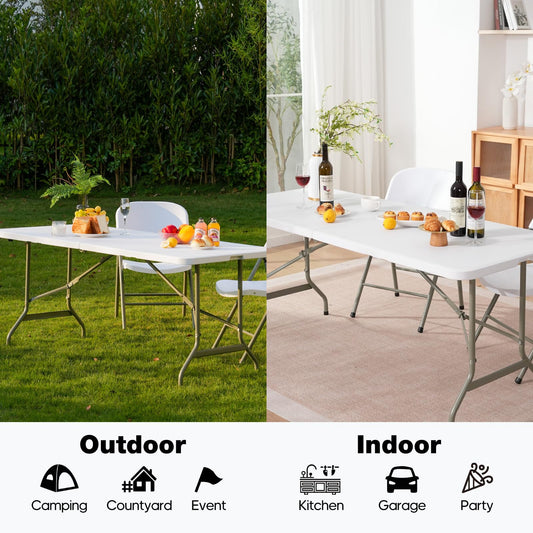 GlowitLian Folding Table 6ft, Heavy-Duty 500lbs Weight Capacity Foldable Table with HDPE Top & Steel Legs, Portable 6 Foot Picnic Table for Indoor Outdoor Parties, Camping, Event (White, 6 FT)