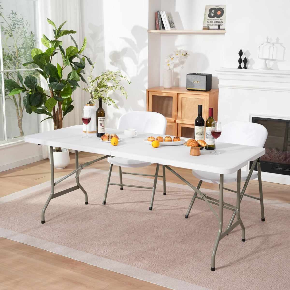 GlowitLian Folding Table 6ft, Heavy-Duty 500lbs Weight Capacity Foldable Table with HDPE Top & Steel Legs, Portable 6 Foot Picnic Table for Indoor Outdoor Parties, Camping, Event (White, 6 FT)