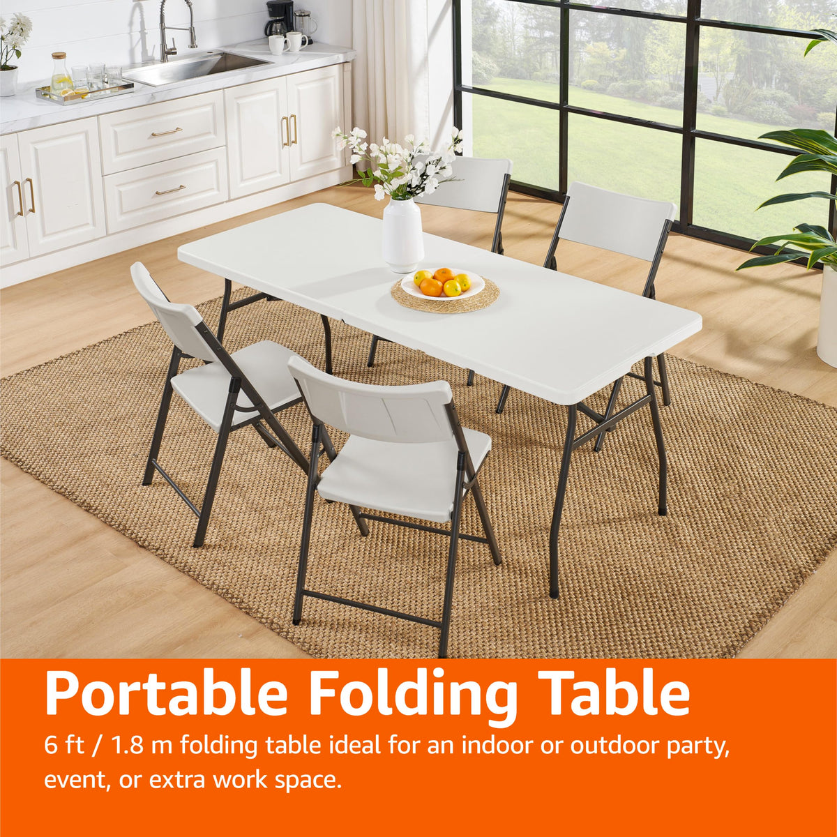 Amazon Basics Heavy Duty Portable Folding Table, 6 ft, Indoor & Outdoor, Fold-in-Half Design with Carrying Handle, White